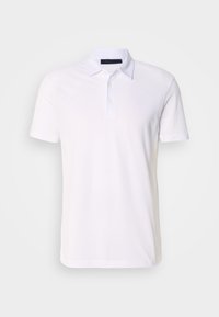 Polo blanc à manches courtes avec un col et trois boutons sur le devant, présenté sur un fond clair uni.