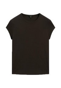 T-shirt nera in cotone morbido, con collo rotondo e maniche corte, dal taglio morbido e senza motivi o accenti visibili.