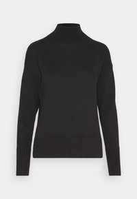 Pull en tricot noir à manches longues avec col montant et poignets et ourlet côtelés, présenté sur un fond uni clair.