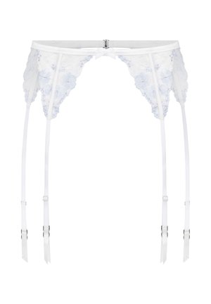 Weißer Spitzen-Strumpfhalter mit Blumenstickerei und verstellbaren Bändern, entworfen zum Hochhalten von Strümpfen.