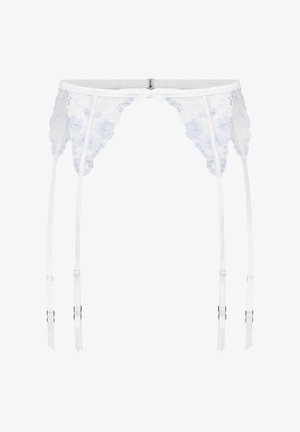 Weißer Spitzen-Strumpfhalter mit Blumenstickerei und verstellbaren Bändern, entworfen zum Hochhalten von Strümpfen.