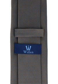 Navy and brown textured tie with a grid pattern. Features a blue label with "Willen" in white. Material appears woven and structured.