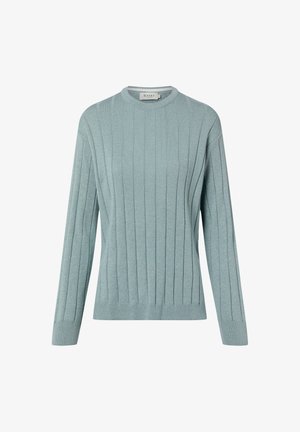 Light blue ribbed sweater made from soft material, featuring a round neckline and long sleeves with ribbed cuffs and hem.