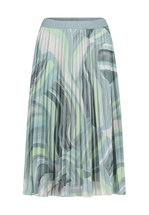 Jupe midi plissée avec un motif abstrait ondulé aux nuances de vert, bleu, gris et blanc, avec une ceinture texturée.