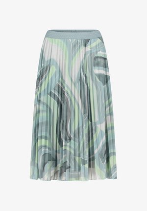 Jupe midi plissée avec un motif abstrait ondulé aux nuances de vert, bleu, gris et blanc, avec une ceinture texturée.