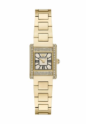 Orologio rettangolare color oro con accenti di cristallo, quadrante crema, numeri romani, lancette dorate e cinturino a maglie.