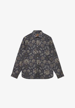 Langærmet skjorte med knaplukning i mørkegrå baggrund og store beige og brune blomster mønstre.