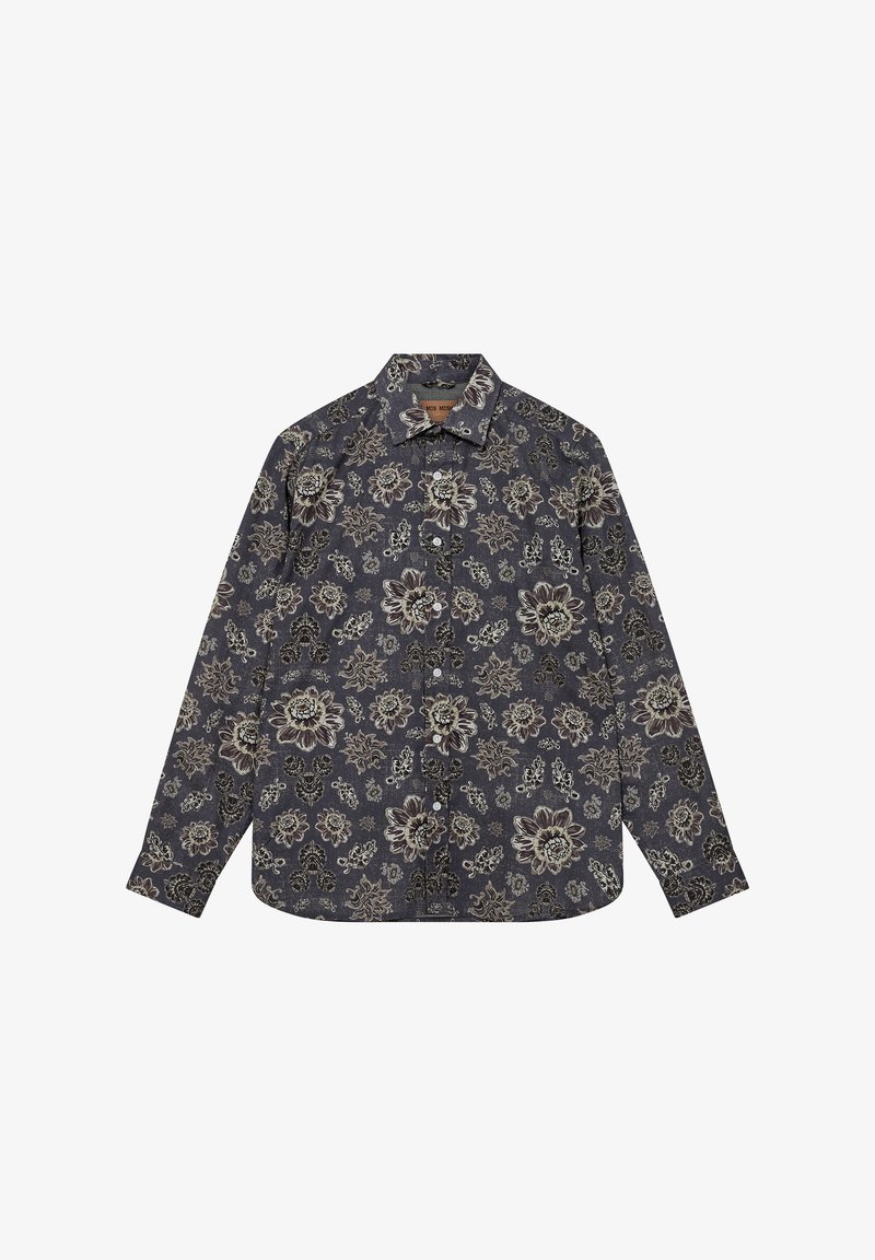 Langærmet skjorte med knaplukning i mørkegrå baggrund og store beige og brune blomster mønstre.