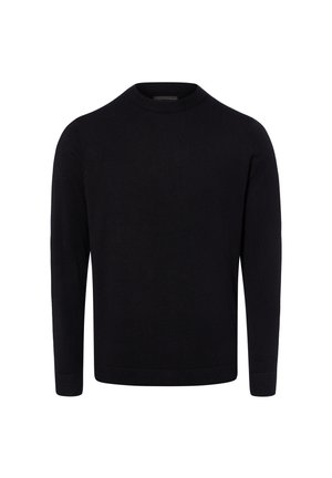 Pull noir à manches longues avec col rond côtelé, poignets et ourlet, présenté sur fond blanc.