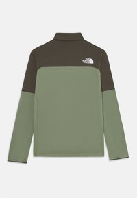 Veste en polaire à manches longues vert olive et marron foncé avec le logo The North Face dans le dos, col montant, sans fermetures visibles.
