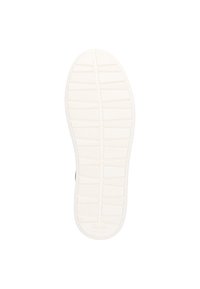 Weiße Gummisohle mit strukturiertem Muster, das horizontale und vertikale Rillen für Traktion und Stabilität aufweist.