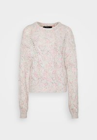 Pulover cu model croșetat în culori pastelate deschise; decolteu rotund, mâneci lungi și manșete cu nervuri. Fabricat din material texturat tricotat.