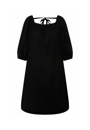 Abito nero con maniche a sbuffo, scollatura quadrata e dettaglio con laccetto sul retro. Realizzato in tessuto morbido, presenta una silhouette larga e fluente.