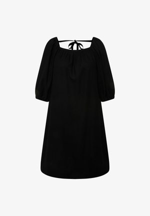 Černé šaty s nabíranými rukávy a čtvercovým výstřihem, se zavazováním na zadní straně. Vyrobené z měkké látky, s volným a splývavým střihem.