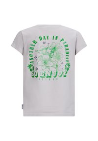 Graues Baumwoll-T-Shirt mit kurzen Ärmeln, das mit einem grünen Blumenmuster und dem Text "ANOTHER DAY IN PARADISE SO ENJOY RETOUR" bedruckt ist.