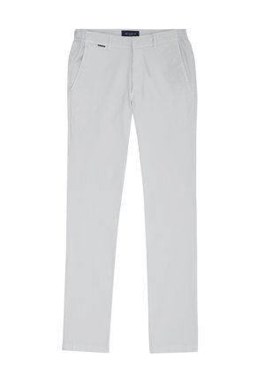 Light gray trousers made of smooth fabric, featuring a straight leg design, side pockets, and a waistband with a label at the back.