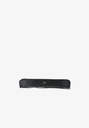 Slim black leather pencil case with zipper closure and small silver emblem centered on front.