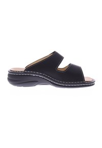 Black open-toe slide sandal made of synthetic leather, featuring two cutouts, beige insole, and white stitching along the sole.