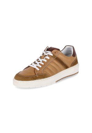 Niski beżowy skórzany sneaker z białymi sznurówkami, brązowymi zamszowymi akcentami i grubą białą gumową podeszwą, ustawiony pod kątem na białym tle.