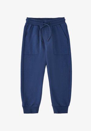 Pantaloni jogger blu navy con vita elasticizzata, coulisse, tasche frontali applicate e polsini a coste alle caviglie.