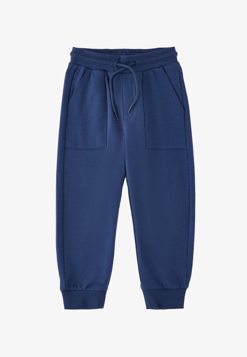 Pantalon de jogging bleu marine avec taille élastique, cordon de serrage, poches avant appliquées et poignets côtelés aux chevilles.