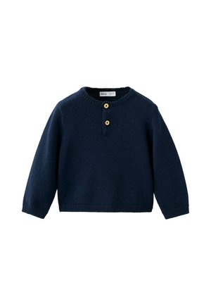Pull en maille bleu marine à manches longues, col rond et deux boutons marron au centre devant près du col.