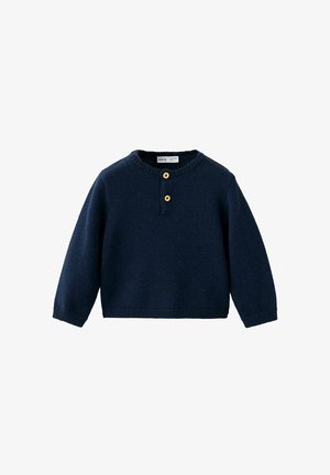 Pull en maille bleu marine à manches longues, col rond et deux boutons marron au centre devant près du col.