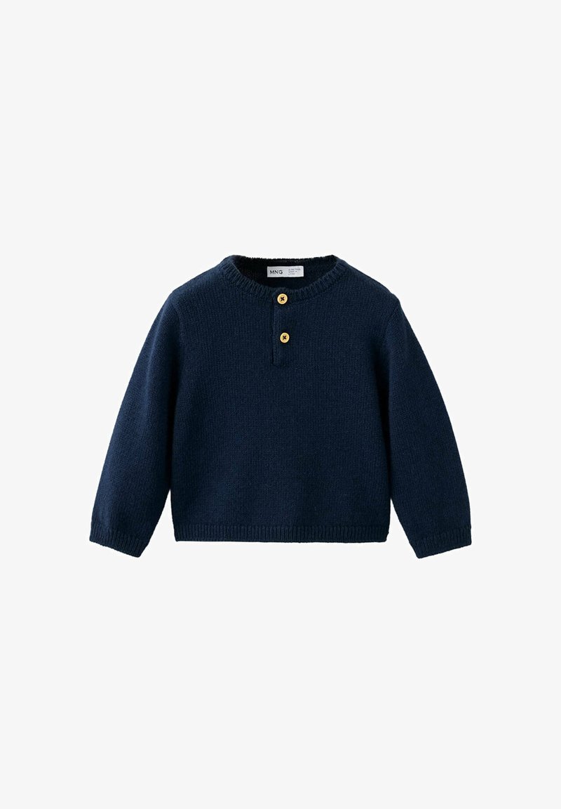 Pull en maille bleu marine à manches longues, col rond et deux boutons marron au centre devant près du col.