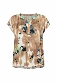 Leichte Kurzarmbluse in gedämpftem Braun- und Grünton mit Batikmuster, mit V-Ausschnitt und lockerer Passform. Weicher Stoff, glatte Textur.