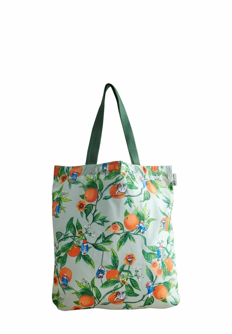 Reusable torba izrađena od tkanine, s svijetlozelenom pozadinom i uzorcima narančastih cvjetova i likova. Zelene naramenice.