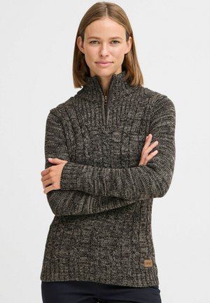 Knit zip-up sweater in dark gray with textured pattern, featuring ribbed cuffs and hem, and a branded tag at the lower left side.