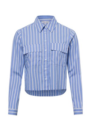 Blue striped shirt with long sleeves, two chest pockets, button closure, and a cropped hem, made from a smooth fabric.