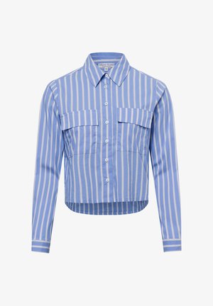Blau gestreiftes Hemd mit langen Ärmeln, zwei Brusttaschen, Knopfverschluss und cropped Saum, aus einem glatten Stoff gefertigt.