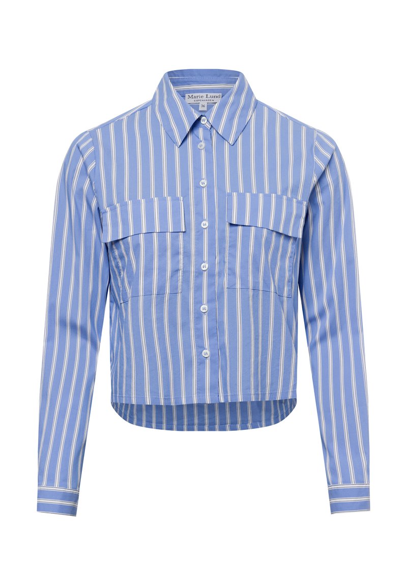 Camicia a righe blu con maniche lunghe, due tasche sul petto, chiusura con bottoni e orlo cropped, realizzata in un tessuto morbido.