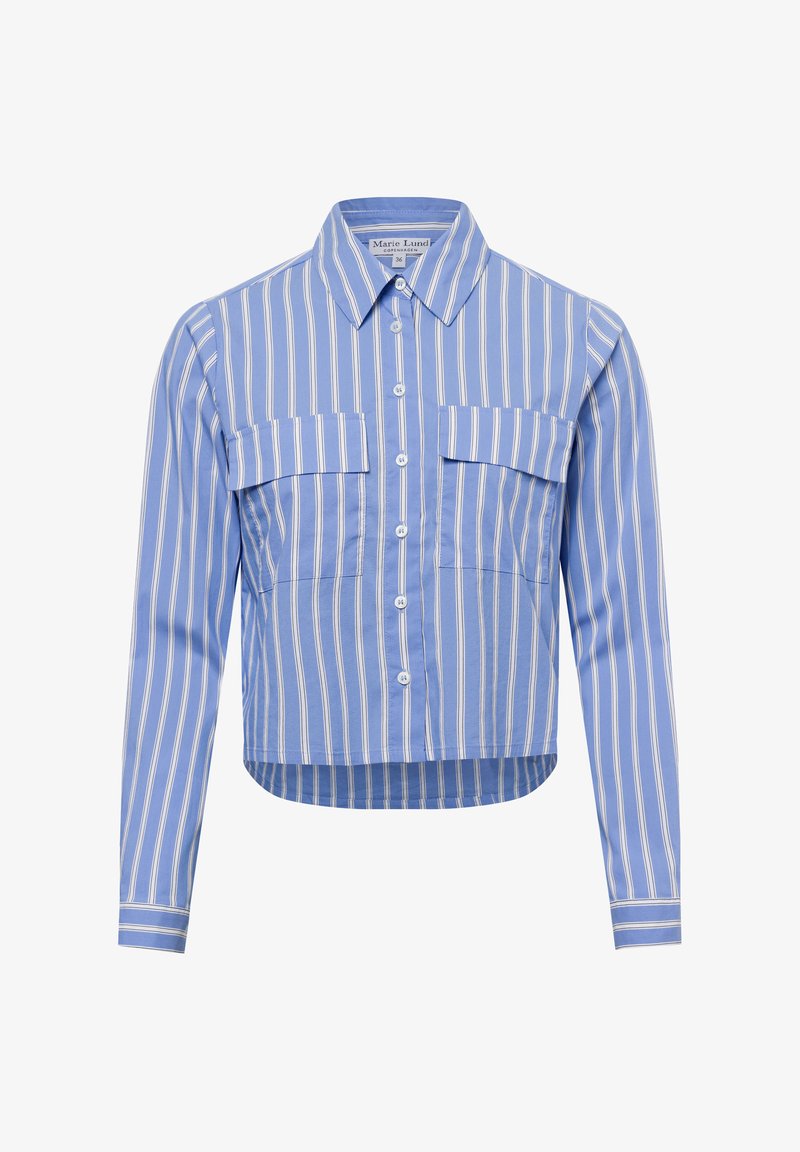 Blue striped shirt with long sleeves, two chest pockets, button closure, and a cropped hem, made from a smooth fabric.