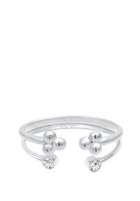 Silverring med två rundade ändar, prydd med tre sfäriska detaljer och två klara ädelstenar. Enkla, moderna linjer med polerad yta.