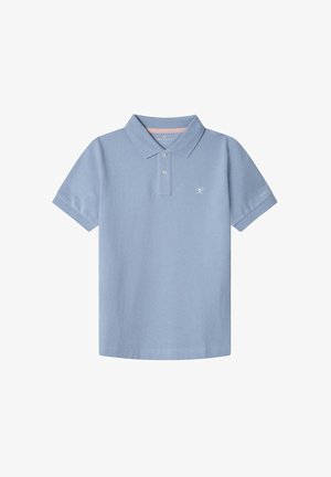 Svetlo modré polo tričko vyrobené z bavlny, s golierom, dvomi gombíkmi na zapínanie a malým logom na hrudi. Krátke rukávy.
