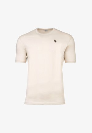 Beige T-Shirt mit kurzen Ärmeln und Rundhalsausschnitt, das ein kleines dunkles Polo-Spieler-Logo auf der linken Brust zeigt.