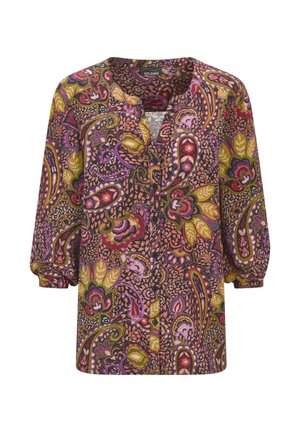 Kleurige, gebloemde blouse met een v-hals, knopen aan de voorkant en driekwart mouwen. Gemaakt van lichtgewicht stof met bloemen- en paisleyontwerpen.