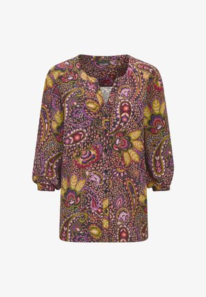 Colorful, patterned blouse with a v-neck, button front, and three-quarter sleeves. Made from lightweight fabric featuring floral and paisley designs.