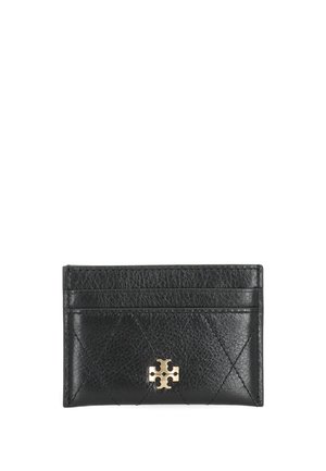 Portacarte in pelle nera texturizzata con due scomparti per carte e un emblema decorativo dorato al centro anteriore.