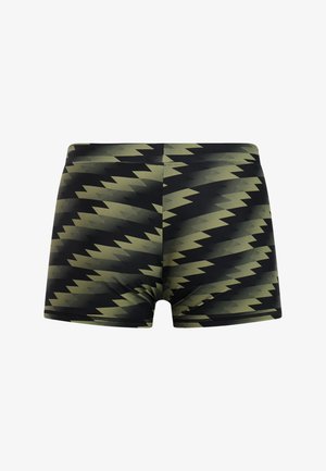 Zwemshorts in zwart met een zigzagpatroon in olijfgroen. Gemaakt van rekbaar, lichtgewicht materiaal met een aansluitend ontwerp en zonder zichtbaar beslag.