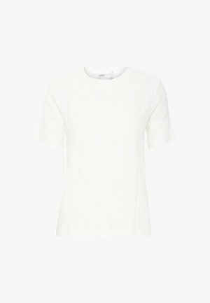 Valge lühikeste varrukatega tipp ümmarguse kaelusega, millel on tekstuuriga kangas ja vertikaalsed triibumustrid koos väikeste lõhikute detailidega.