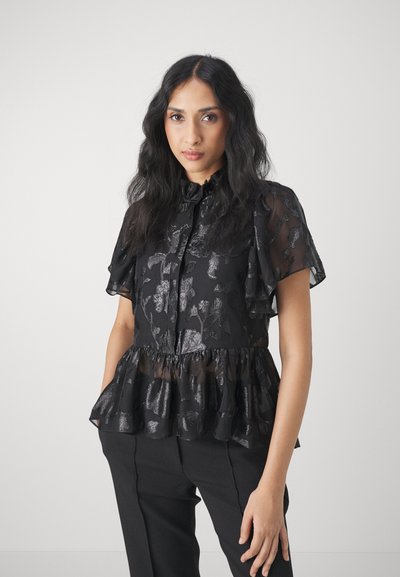 Schwarze Peplum-Bluse aus transparentem Stoff, mit Rüschensäulen und floralen Mustern in metallischen Akzenten. Verfügt über eine Knopfleiste und einen hohen Kragen.