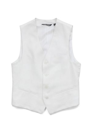 Chaleco blanco sin mangas para hombre con escote en V, cuatro botones en la parte delantera y tres bolsillos delanteros, colocado plano sobre un fondo blanco.