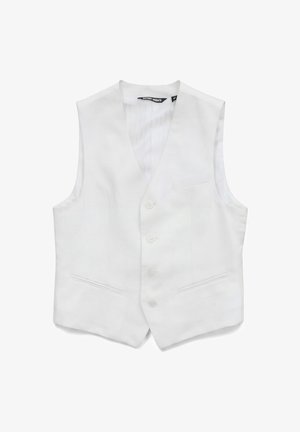 Chaleco blanco sin mangas para hombre con escote en V, cuatro botones en la parte delantera y tres bolsillos delanteros, colocado plano sobre un fondo blanco.