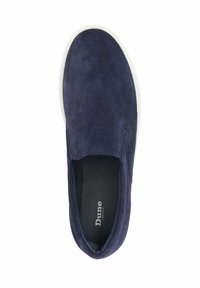 Navy suede slip-on shoe with a white rubber sole, rounded toe, and minimal stitching. Features a smooth interior lining. Brand name visible.
