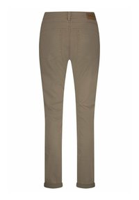Beige trousers with a slim fit, featuring back pockets, stitched details, and rolled cuffs. Made from a smooth, stretchy fabric.
