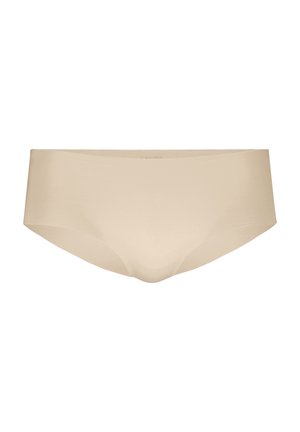 Beige naadloze hipsterondergoed gemaakt van zacht, rekbaar materiaal, met een gladde afwerking en een lage taille met geen zichtbare naden.