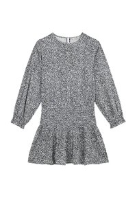 Vestido de patrones en blanco y negro con mangas largas, escote redondo y cintura fruncida. Se ensancha en la parte inferior, con un dobladillo ondulado.
